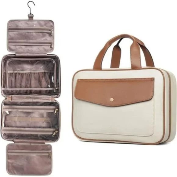 Toiletry Bag and Makeup Pouch For Full Sized Beige Leather Travel Case